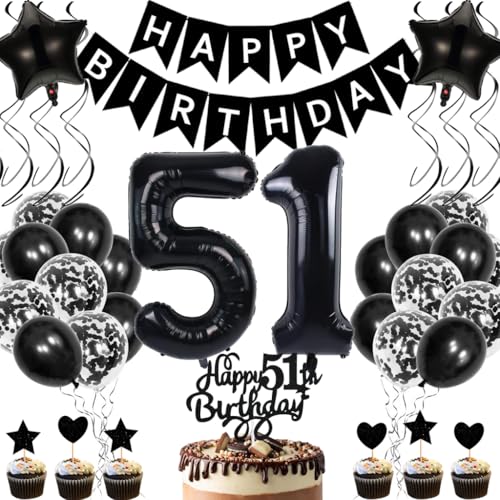 Anlgdi Geburtstagsdeko 51 Jahre Mann Frau, Luftballons 51. Geburtstag Dekoration, Schwarz Tortendeko Geburtstags 51 Jahre Frauen, Folienballon Zahl 51 Schwarz, Deko 51. Geburtstag Männer von Anlgdi