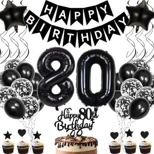 Anlgdi Geburtstagsdeko 80 Jahre Mann Frau, Luftballons 80. Geburtstag Dekoration, Schwarz Tortendeko Geburtstags 80 Jahre Frauen, Folienballon Zahl 80 Schwarz, Deko 80. Geburtstag Männer von Anlgdi