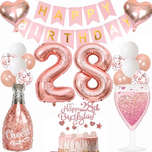 Anlgdi Luftballon 28. Geburtstag Deko Frau, Geburtstagsdeko 28 Jahre Frauen, Folienballon Weinflasche Sektflasche, Helium Ballon Champagner Flasche, Happy Birthday Banner Deko 28 Geburtstag Frau von Anlgdi
