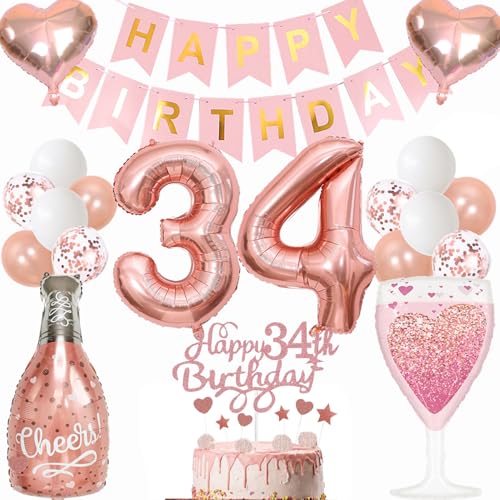 Anlgdi Luftballon 34. Geburtstag Deko Frau, Geburtstagsdeko 34 Jahre Frauen, Folienballon Weinflasche Sektflasche, Helium Ballon Champagner Flasche, Happy Birthday Banner Deko 34 Geburtstag Frau von Anlgdi