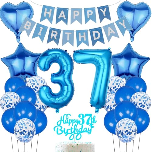 Anlgdi Geburtstagsdeko 37 Jahr Mann, Luftballon 37. Geburtstag Deko, Blau Folienballon 37 Geburtstag Männer Dekoration, Happy Birthday Banner Deko 37 Geburtstag Frau, Deko 37. Geburtstag Frau Mann von Anlgdi