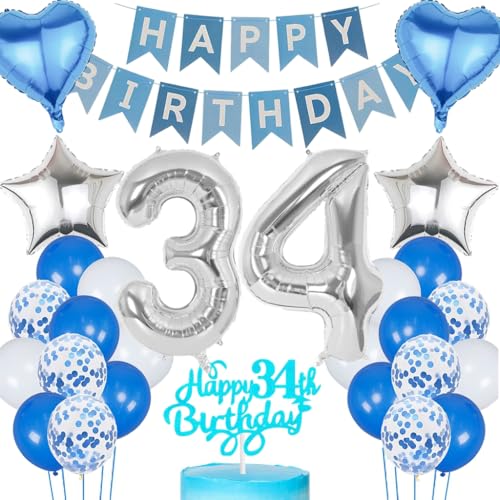 Anlgdi Blau Silber Luftballons 34. Geburtstag Dekoration, Tortendeko Geburtstag 34 Jahre Mann, Geburtstagsdeko 34 Jahre Mann Frau, Deko 34 Jahre Geburtstag Männer, Happy Birthday 34. Frauen Geburtstag von Anlgdi