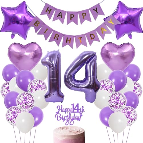 Anlgdi Luftballons 14. Geburtstag Dekoration, Lila Tortendeko Geburtstags 14 Jahre Junge, Geburtstagsdeko 14 Jahre Jungen Mädchen, Happy Birthday Banner für 14. Geburtstag Kinder Party Dekoration von Anlgdi