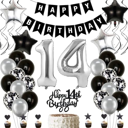 Anlgdi Luftballons 14. Geburtstag Dekoration, Schwarz Tortendeko Geburtstag 14 Jahre Junge, Geburtstagsdeko 14 Jahre Jungen Mädchen, Happy Birthday Banner für 14. Geburtstag Kinder Party Dekoration Anlgdi Luftballons 14. Geburtstag Dekoration, Schwarz Tortendeko Geburtstag 14 Jahre Junge, Geburtstagsdeko 14 Jahre Jungen Mädchen, Happy Birthday Banner für 14. Geburtstag Kinder Party Dekoration von Anlgdi