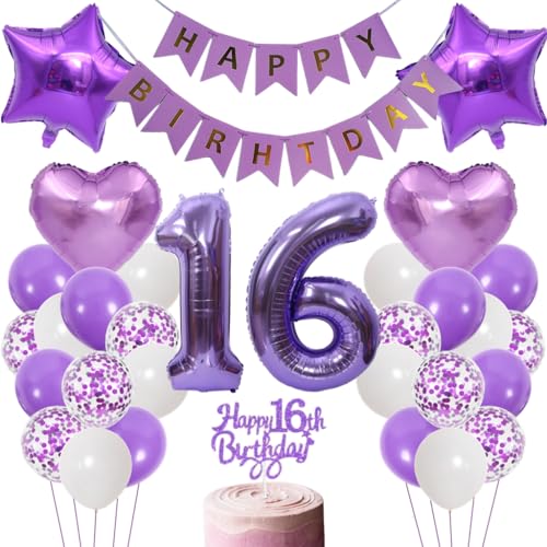Anlgdi Luftballons 16. Geburtstag Dekoration, Lila Tortendeko Geburtstags 16 Jahre Junge, Geburtstagsdeko 16 Jahre Jungen Mädchen, Happy Birthday Banner für 16. Geburtstag Kinder Party Dekoration von Anlgdi