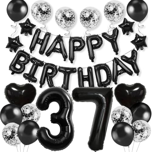 Anlgdi Luftballons 37. Geburtstag Dekoration Set, Schwarz Geburtstagsdeko 37 Jahre Männer Frauen, Ballons Happy 37th Birthday Mann Deko, Happy Birthday Banner für 37. Geburtstag Party Dekoration von Anlgdi