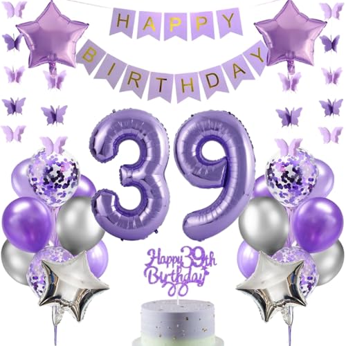 Anlgdi Luftballons 39. Geburtstag Dekoration, Lila Tortendeko Geburtstag 39 Jahre Mann, Geburtstagsdeko 39 Jahre Manner Frauen, Happy Birthday Banner für 39. Geburtstags MannerParty Dekoration von Anlgdi