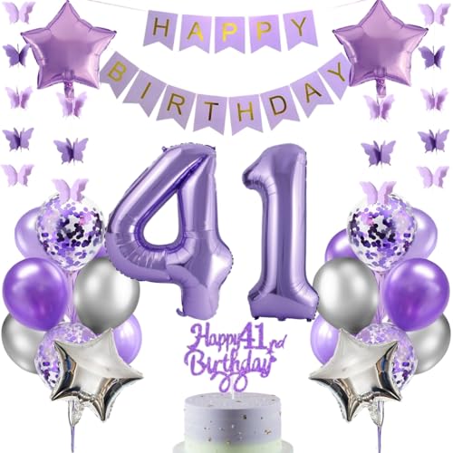 Anlgdi Luftballons 41. Geburtstag Dekoration, Lila Tortendeko Geburtstag 41 Jahre Mann, Geburtstagsdeko 41 Jahre Manner Frauen, Happy Birthday Banner für 41. Geburtstags MannerParty Dekoration von Anlgdi