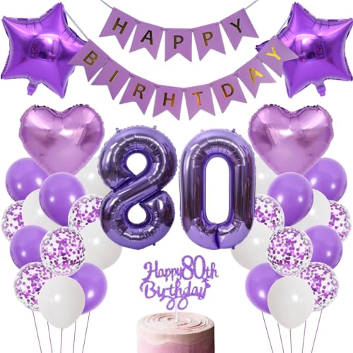 Anlgdi Luftballons 80. Geburtstag Dekoration, Lila Tortendeko Geburtstags 80 Jahre Mann, Geburtstagsdeko 80 Jahre Manner Frauen, Happy Birthday Banner für 80. Geburtstag MannerParty Dekoration von Anlgdi