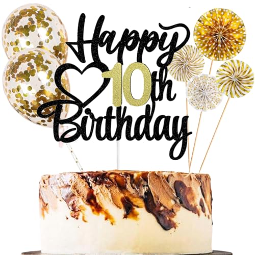 Anlgdi Tortendeko 10 Geburtstag Mädchen Junge, Kuchen Topper 10. Geburtstag Mädchen, Cake Topper Happy 10th Birthday Schwarz Gold, Glitter Kuchen Deko 10. Deko für Geburstagstorte Deko 10 Jahre Kinder von Anlgdi