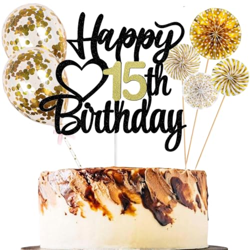 Anlgdi Tortendeko 15 Geburtstag Mädchen Junge, Kuchen Topper 15. Geburtstag Mädchen, Cake Topper Happy 15th Birthday Schwarz Gold, Glitter Kuchen Deko 15. Deko für Geburstagstorte Deko 15 Jahre Kinder von Anlgdi