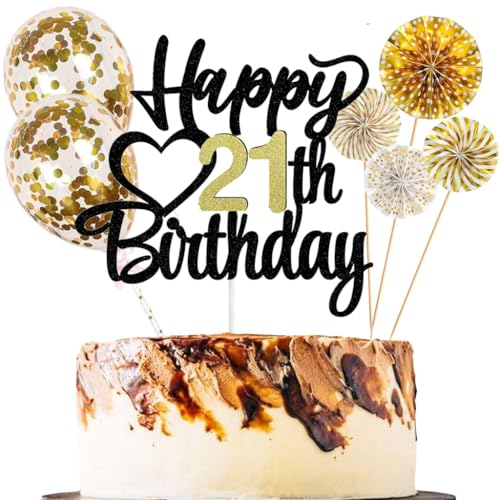 Anlgdi Tortendeko 21 Geburtstag Frauen Männer, Kuchen Topper 21. Geburtstag Frau, Cake Topper Happy 21th Birthday Schwarz Gold, Glitter Kuchen Deko 21. Deko für Geburstagstorte Deko 21 Jahre Frau Mann von Anlgdi