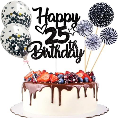 Anlgdi Tortendeko 25. Geburtstag Mann Frau, Kuchen Topper Happy 25th Birthday Schwarz, Glitzer Cake Topper 25. Geburtstag Ballons Konfetti Papierfächer für Geburtstagstorte Deko 25 Jahre Frauen Männer Anlgdi Tortendeko 25. Geburtstag Mann Frau, Kuchen Topper Happy 25th Birthday Schwarz, Glitzer Cake Topper 25. Geburtstag Ballons Konfetti Papierfächer für Geburtstagstorte Deko 25 Jahre Frauen Männer von Anlgdi