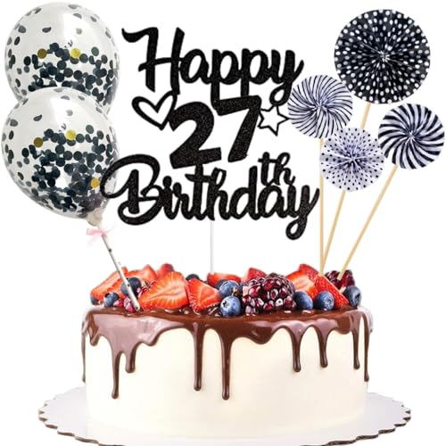 Anlgdi Tortendeko 27. Geburtstag Mann Frau, Kuchen Topper Happy 27th Birthday Schwarz, Glitzer Cake Topper 27. Geburtstag Ballons Konfetti Papierfächer für Geburtstagstorte Deko 27 Jahre Frauen Männer Anlgdi Tortendeko 27. Geburtstag Mann Frau, Kuchen Topper Happy 27th Birthday Schwarz, Glitzer Cake Topper 27. Geburtstag Ballons Konfetti Papierfächer für Geburtstagstorte Deko 27 Jahre Frauen Männer von Anlgdi