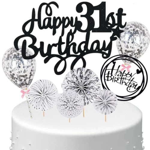 Anlgdi Tortendeko 31 Geburtstag Frauen Männer, Kuchen Topper 31. Geburtstag Frau, Cake Topper Happy 31th Birthday Schwarz Silber, Kuchen Deko 31. Deko für Geburstagstorte Deko 31 Jahre Frau Mann von Anlgdi