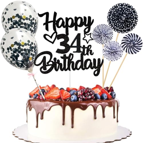 Anlgdi Tortendeko 34. Geburtstag Mann Frau, Kuchen Topper Happy 34th Birthday Schwarz, Glitzer Cake Topper 34. Geburtstag Ballons Konfetti Papierfächer für Geburtstagstorte Deko 34 Jahre Frauen Männer Anlgdi Tortendeko 34. Geburtstag Mann Frau, Kuchen Topper Happy 34th Birthday Schwarz, Glitzer Cake Topper 34. Geburtstag Ballons Konfetti Papierfächer für Geburtstagstorte Deko 34 Jahre Frauen Männer von Anlgdi