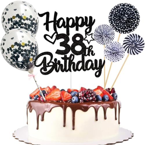 Anlgdi Tortendeko 38. Geburtstag Mann Frau, Kuchen Topper Happy 38th Birthday Schwarz, Glitzer Cake Topper 38. Geburtstag Ballons Konfetti Papierfächer für Geburtstagstorte Deko 38 Jahre Frauen Männer Anlgdi Tortendeko 38. Geburtstag Mann Frau, Kuchen Topper Happy 38th Birthday Schwarz, Glitzer Cake Topper 38. Geburtstag Ballons Konfetti Papierfächer für Geburtstagstorte Deko 38 Jahre Frauen Männer von Anlgdi