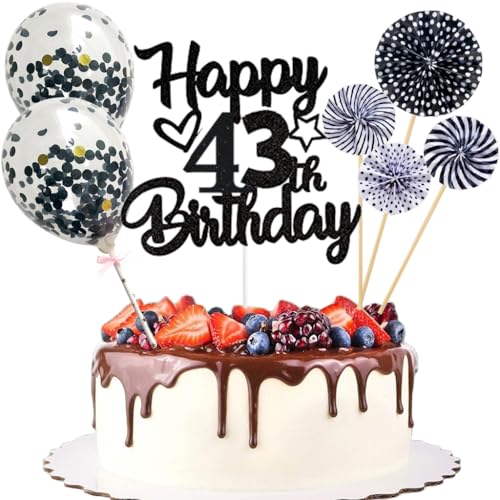 Anlgdi Tortendeko 43. Geburtstag Mann Frau, Kuchen Topper Happy 43th Birthday Schwarz, Glitzer Cake Topper 43. Geburtstag Ballons Konfetti Papierfächer für Geburtstagstorte Deko 43 Jahre Frauen Männer Anlgdi Tortendeko 43. Geburtstag Mann Frau, Kuchen Topper Happy 43th Birthday Schwarz, Glitzer Cake Topper 43. Geburtstag Ballons Konfetti Papierfächer für Geburtstagstorte Deko 43 Jahre Frauen Männer von Anlgdi