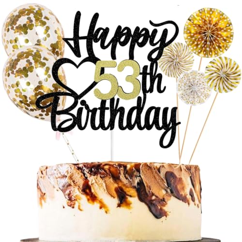 Anlgdi Tortendeko 53 Geburtstag Frauen Männer, Kuchen Topper 53. Geburtstag Frau, Cake Topper Happy 53th Birthday Schwarz Gold, Glitter Kuchen Deko 53. Deko für Geburstagstorte Deko 53 Jahre Frau Mann von Anlgdi