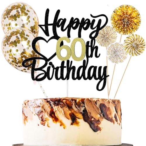 Anlgdi Tortendeko 60 Geburtstag Frauen Männer, Kuchen Topper 60. Geburtstag Frau, Cake Topper Happy 60th Birthday Schwarz Gold, Glitter Kuchen Deko 60. Deko für Geburstagstorte Deko 60 Jahre Frau Mann von Anlgdi
