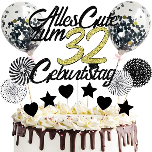 Anlgdi Tortendeko Alles Gute 32. Geburtstag Mann, Tortendeko Happy 32th Birthday Frau, Kuchen Topper 32. Geburtstag Ballons Konfetti Papierfächer für Geburtstagstorte Deko 32 Jahre Frauen Männer von Anlgdi