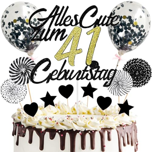 Anlgdi Tortendeko Alles Gute 41. Geburtstag Mann, Tortendeko Happy 41th Birthday Frau, Kuchen Topper 41. Geburtstag Ballons Konfetti Papierfächer für Geburtstagstorte Deko 41 Jahre Frauen Männer von Anlgdi