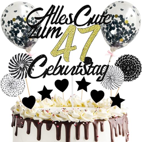 Anlgdi Tortendeko Alles Gute 47. Geburtstag Mann, Tortendeko Happy 47th Birthday Frau, Kuchen Topper 47. Geburtstag Ballons Konfetti Papierfächer für Geburtstagstorte Deko 47 Jahre Frauen Männer von Anlgdi