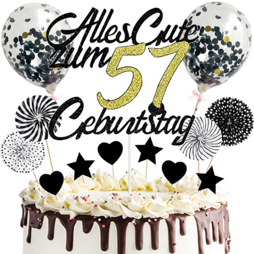 Anlgdi Tortendeko Alles Gute 57. Geburtstag Mann, Tortendeko Happy 57th Birthday Frau, Kuchen Topper 57. Geburtstag Ballons Konfetti Papierfächer für Geburtstagstorte Deko 57 Jahre Frauen Männer von Anlgdi