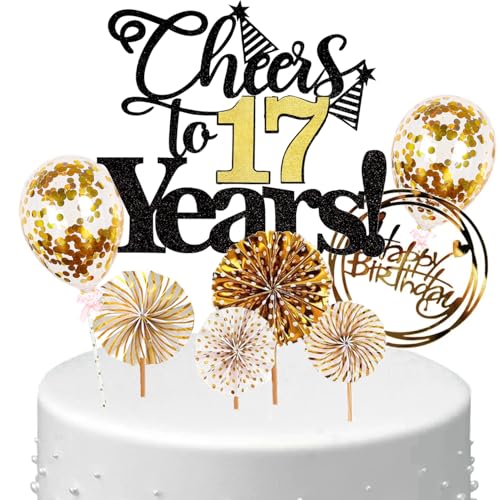 Anlgdi Tortendeko Cheers 17 Years Deko Kuchen Topper 17. Geburtstag Mädchen, Cake Topper 17. Geburtstag Junge Schwarz Gold, Kuchendeko 17 Jahre Torte Kuchen Deko für Geburstagstorte Deko 17. Kinder von Anlgdi