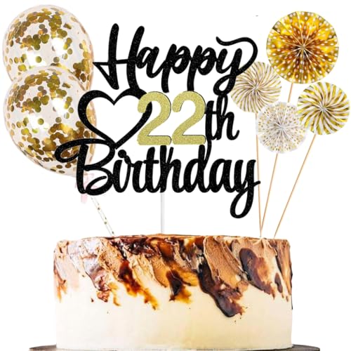 Anlgdi Tortendeko 22 Geburtstag Frauen Männer, Kuchen Topper 22. Geburtstag Frau, Cake Topper Happy 22th Birthday Schwarz Gold, Glitter Kuchen Deko 22. Deko für Geburstagstorte Deko 22 Jahre Frau Mann von Anlgdi