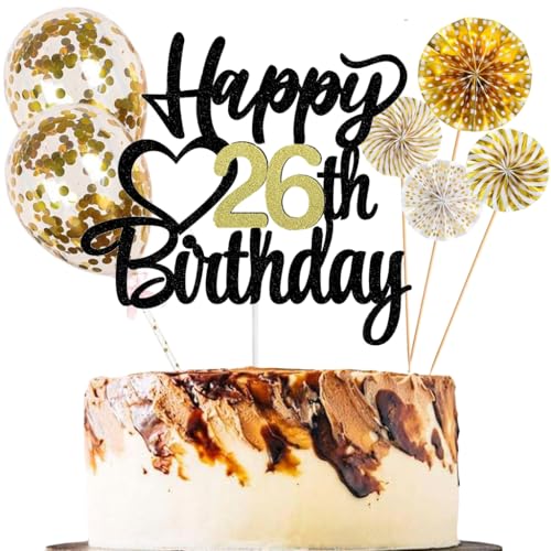 Anlgdi Tortendeko 26 Geburtstag Frauen Männer, Kuchen Topper 26. Geburtstag Frau, Cake Topper Happy 26th Birthday Schwarz Gold, Glitter Kuchen Deko 26. Deko für Geburstagstorte Deko 26 Jahre Frau Mann von Anlgdi