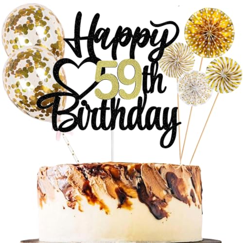 Anlgdi Tortendeko 59 Geburtstag Frauen Männer, Kuchen Topper 59. Geburtstag Frau, Cake Topper Happy 59th Birthday Schwarz Gold, Glitter Kuchen Deko 59. Deko für Geburstagstorte Deko 59 Jahre Frau Mann von Anlgdi