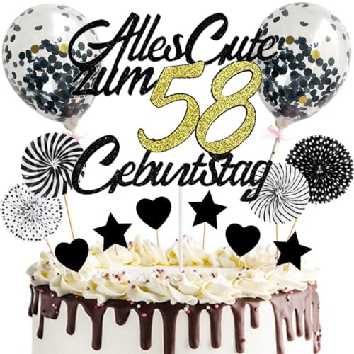 Anlgdi Tortendeko Alles Gute 58. Geburtstag Mann, Tortendeko Happy 58th Birthday Frau, Kuchen Topper 58. Geburtstag Ballons Konfetti Papierfächer für Geburtstagstorte Deko 58 Jahre Frauen Männer von Anlgdi