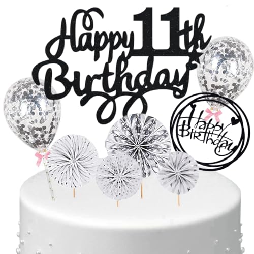 Anlgdi Tortendeko 11 Geburtstag Mädchen Junge, Kuchen Topper 11. Geburtstag Mädchen, Cake Topper Happy 11th Birthday Schwarz Silber, Kuchen Deko 11. Deko für Geburstagstorte Deko 11 Jahre Kinder von Anlgdi