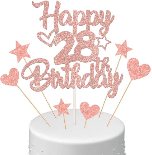 Anlgdi Tortendeko Happy Birthday Deko Kuchendeko 28. Geburtstag Frau, Kuchen Topper Happy 28th Birthday Roségold, Cake Topper 28 Jahre Torte Kuchen Deko für Geburstagstorte Deko 28. Frauen von Anlgdi