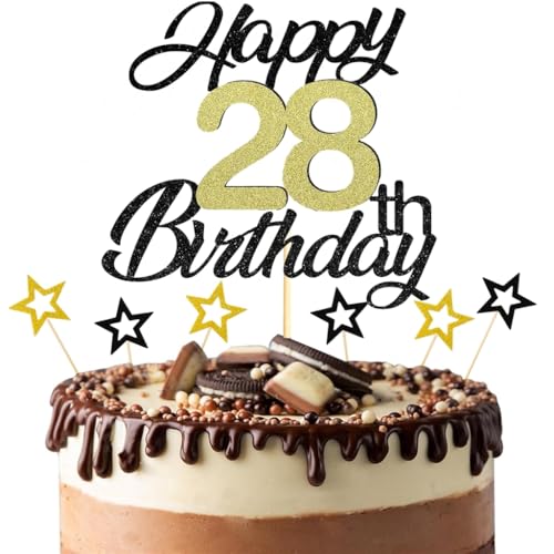 Anlgdi Tortendeko Happy Birthday Deko Kuchendeko 28. Geburtstag Mann Frau, Kuchen Topper Happy 28th Birthday Schwarz, Cake Topper 28 Jahre Torte Kuchen Deko für Geburstagstorte Deko 28. Männer von Anlgdi