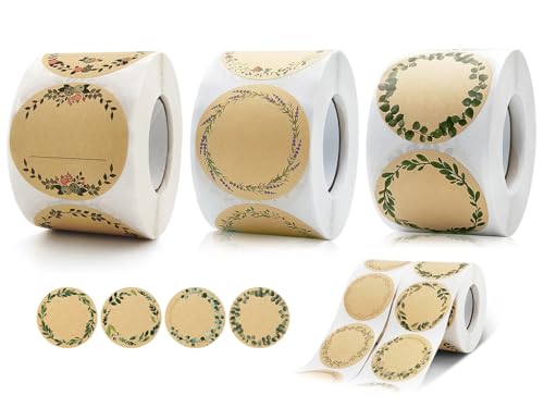 Anlising 1500 Stück Kraftpapier Aufkleber, Geschenkaufkleber, Etiketten Selbstklebend, Marmeladen Etiketten, Blumen Klebeetiketten, Rund Geschenksticker, für Marmeladen, Backen, Geschenk, Umschlag von Anlising