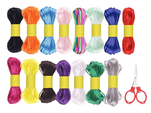 Anlising Nylonschnur für Armbänder, 15PCS Satinkordel Perlgarn für Freundschaftsbänder 1.5MM, Senden Klappschere, Elastische Schnur für Armbänder, Knüpfen Schnüre, für DIY, Handwerk (15 Farben) von Anlising