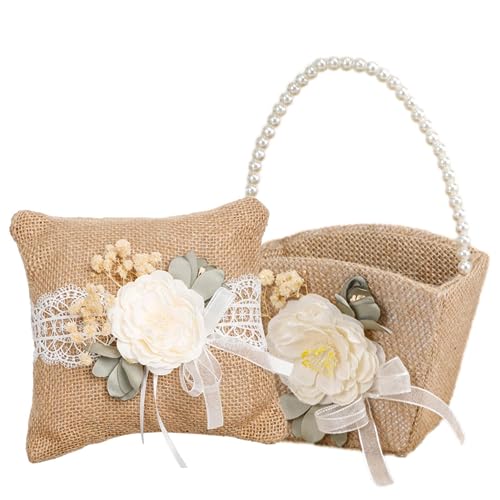 Anloximt 2Pack Burlap Blumenmädchen Korb und Ring Bearer Kissen Hochzeit Blumenmädchen Korb Vintage Hochzeit Jute Korb mit Perle Griff für Home Par Fotografie Dekoration von Anloximt