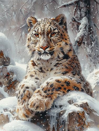 Schnee Malen Nach Zahlen Erwachsene Groß 50x70cm, Malen Nach Zahlen Leopard, Kreativ Set für Erwachsene, DIY Handgemalt Ölgemälde Leinwand Kit mit 3 Set Pinseln Acrylfarben, Home Wand Dekor, Rahmenlos von Anmiong