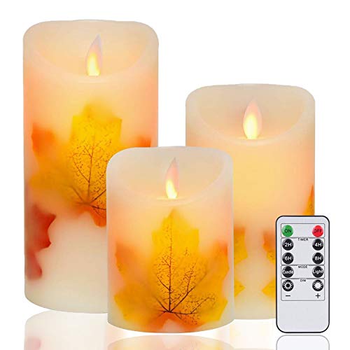 AnnSpa 3 Set Ahornblatt LED Kerzen Batteriebetriebene mit 10-Tasten-Fernbedienung und Radfahren 24-Stunden-Timer，Flammenlose Echtes Wachs Flackern Moving Wick Flackern Amber Yellow Light Candles von AnnSpa