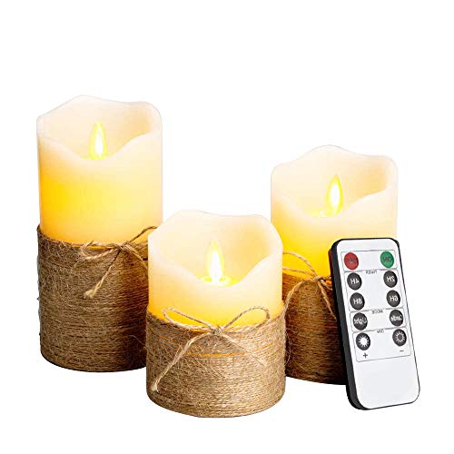 AnnSpa 3 Set Hanfseil LED Kerzen Batteriebetriebene mit Fernbedienung，Flammenlose Echtes Wachs Flackern Moving Wick Flackern Amber Yellow Light Pillar Candles ，Unscented Wachs für Geschenk von AnnSpa