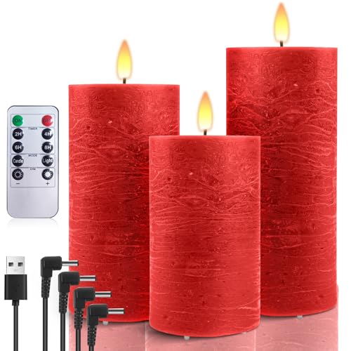 AnnSpa 3 Set Led Kerzen Aufladbar mit 10-Tasten Fernbedienung, Wasserdichte Wiederaufladbare Kerzen Flammenlose Echtes Wachs Flackern Wick Yellow Light Pillar Candles mit Timerfunction - Rot von AnnSpa