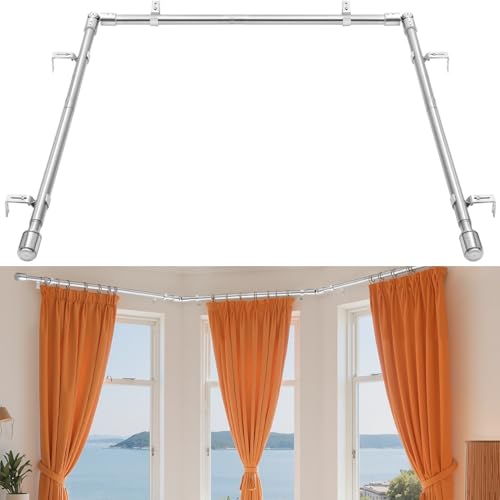 Anndason 2,5 cm Erkerfenster-Gardinenstangen, Eckvorhangstangen-Set, 76,2 - 198,9 cm, Mittelstange für Fenster, 40,6 - 101,6 cm Seitenstangen, Gardinenstangen-Set (Silber) von Anndason