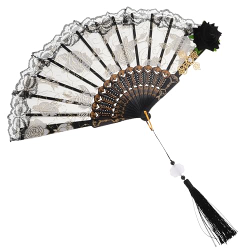 Anneome Schwarzer Spitzenfächer mit Rosenmotiv Faltbarer Handfächer für Teepartys Cosplay und Fotorequisiten Eleganter Vintage Fächer im Europäischen Stil mit Komfortablem Griff und von Anneome