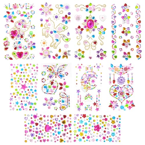 Annickee 10 Blätter Glitzersteine Selbstklebend, Bunt Strasssteine Selbstklebend, Glitzersteine Zum Basteln, Verschiedene Formen, Glitzer Sticker Mädchen für Bastelzubehör DIY Nagel Fotorahmen von Annickee
