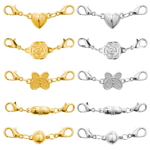 Annickee 10 Stück Magnetverschluss Kette, Magnetische Armbandverschlüsse mit Karabinerverschluss, Armband Verschluss Magnetische Kettenverschluss, Rose, Schmetterling, Rund, Herz, Zylindrisch von Annickee