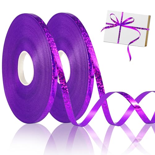 Annickee 2 Rollen Geschenkband, 50 Meter Geschenkbänder Glitzer, 5mm Band Laser, Glänzend Schleifenband, Geschenk Band für Luftballons, Geschenkverpackung, Florist, Basteln, Weihnachten (Lila) von Annickee