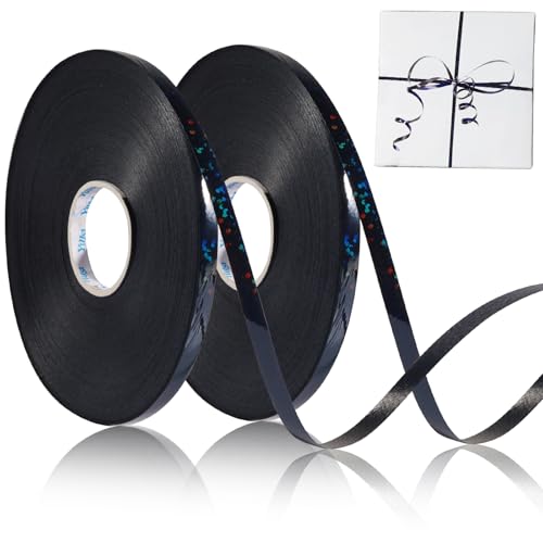 Annickee 2 Rollen Geschenkband, 50 Meter Geschenkbänder Glitzer, 5mm Band Laser, Glänzend Schleifenband, Geschenk Band für Luftballons, Geschenkverpackung, Florist, Basteln, Weihnachten (Schwarz) von Annickee