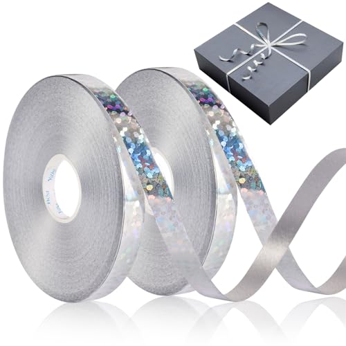 Annickee 2 Rollen Geschenkband, 50 Meter Geschenkbänder Glitzer, 5mm Band Laser, Glänzend Schleifenband, Geschenk Band für Luftballons, Geschenkverpackung, Florist, Basteln, Weihnachten (Silbrig) von Annickee